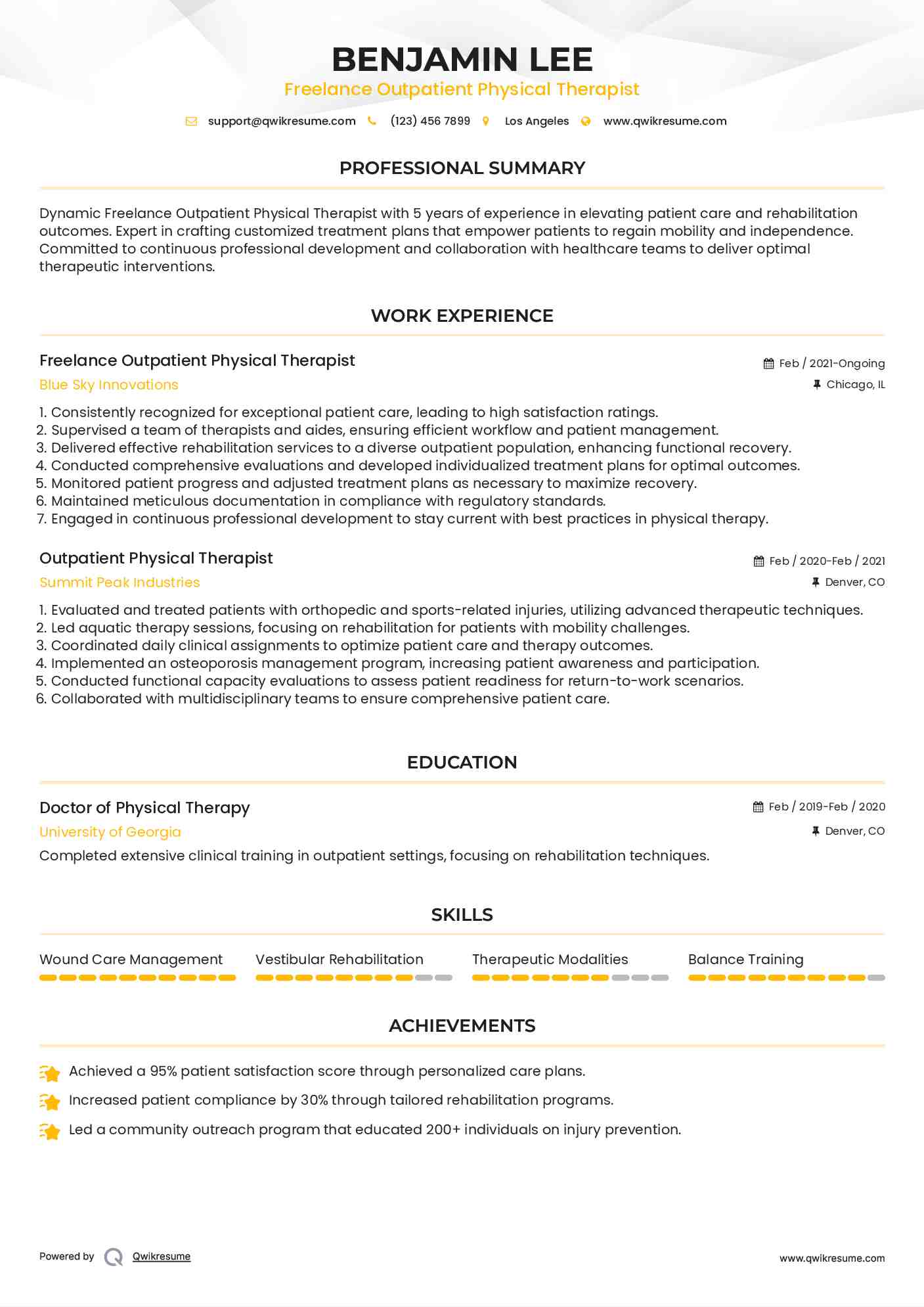 Freelance Outpatient Physical Therapist Resume Model
