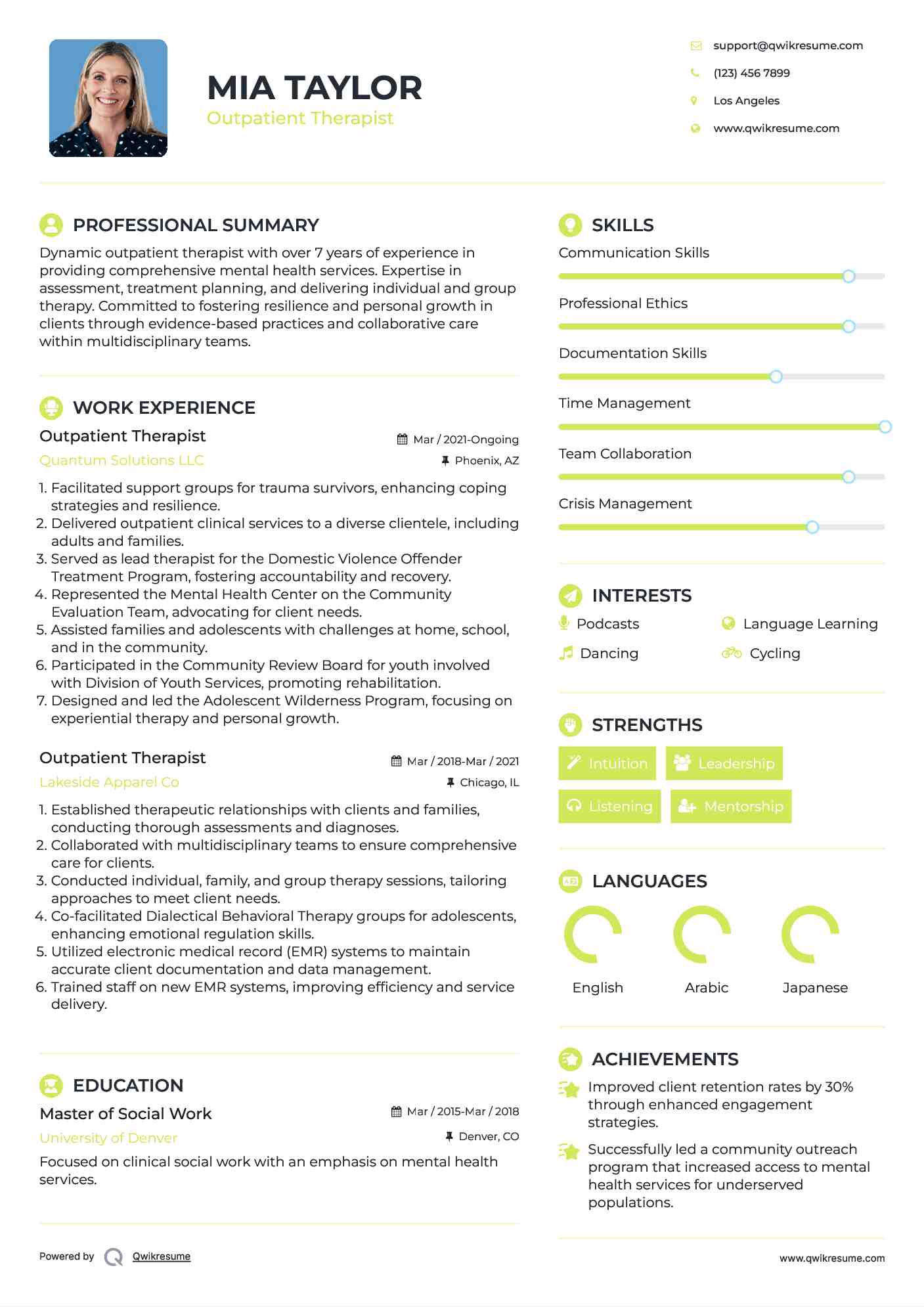 Outpatient Therapist Resume Sample