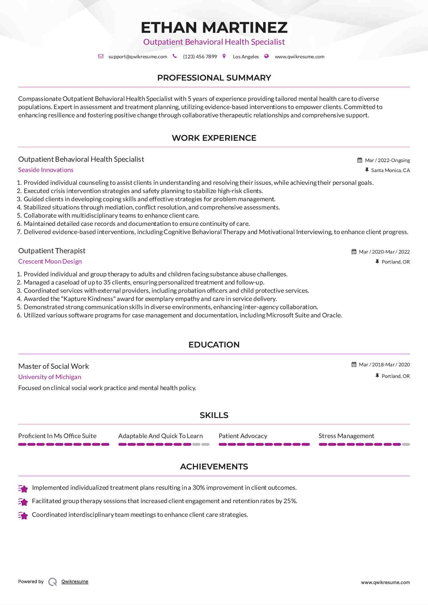 Outpatient Behavioral Health Specialist Resume Model