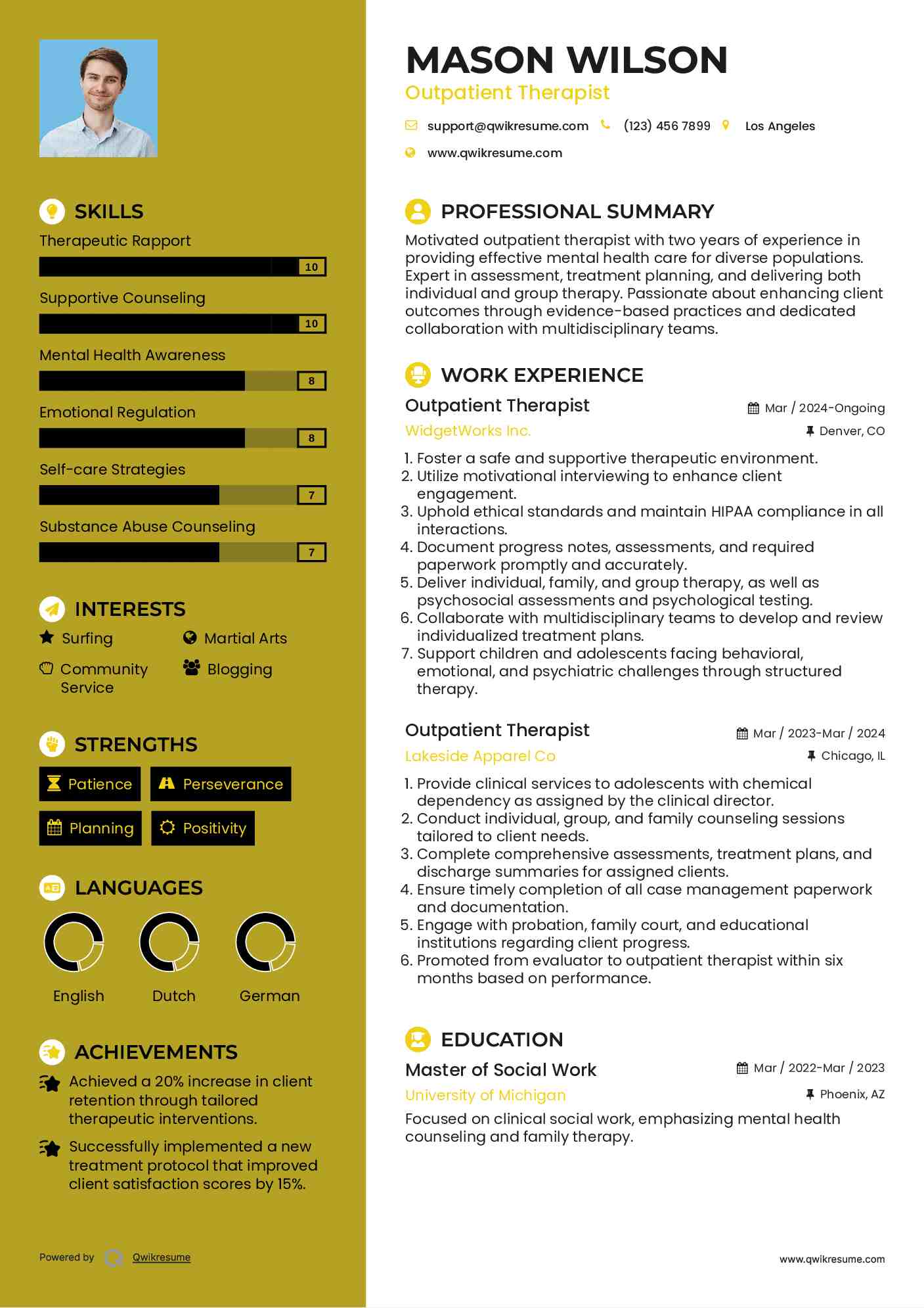 Outpatient Therapist Resume Example