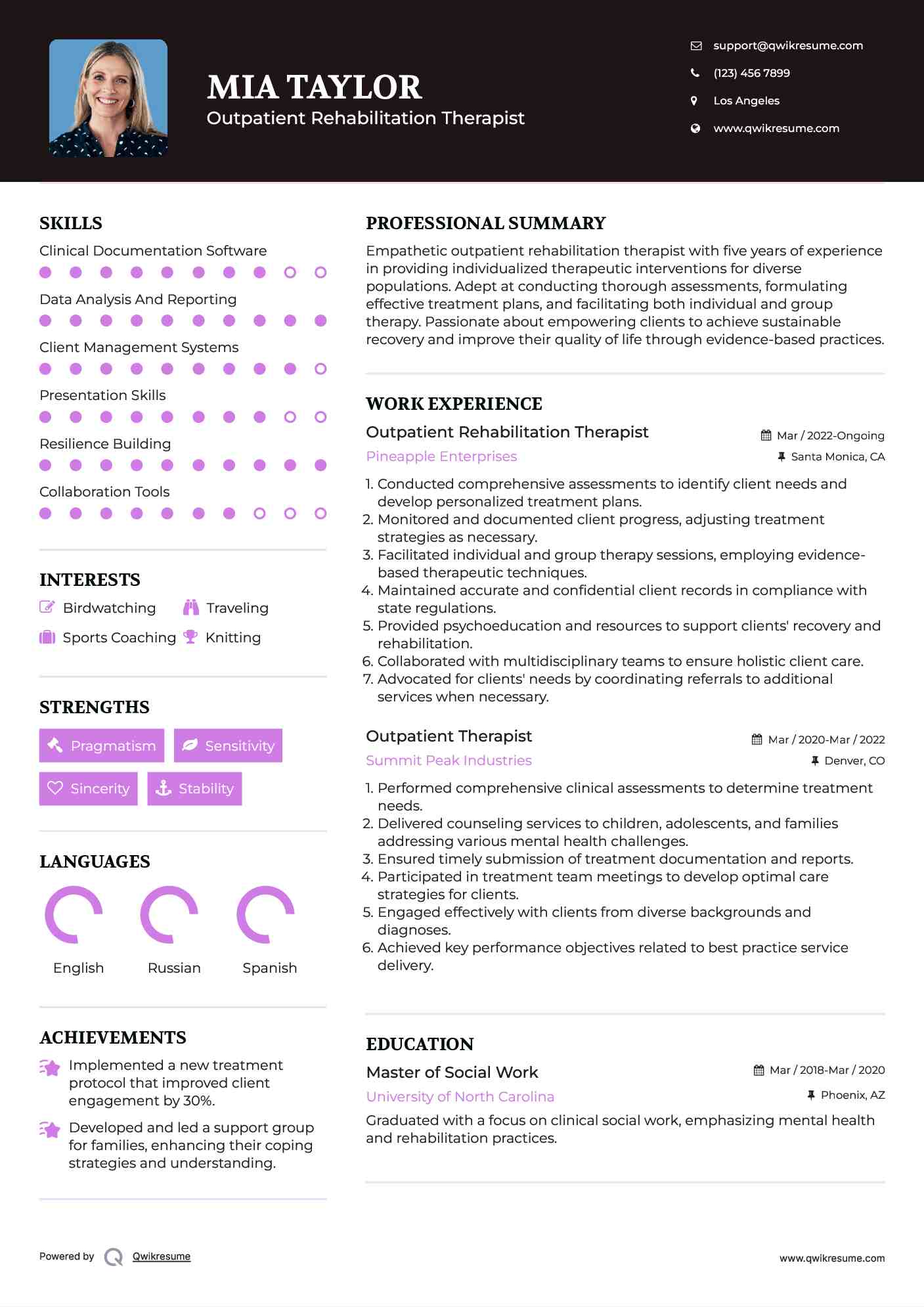 Outpatient Rehabilitation Therapist Resume Sample