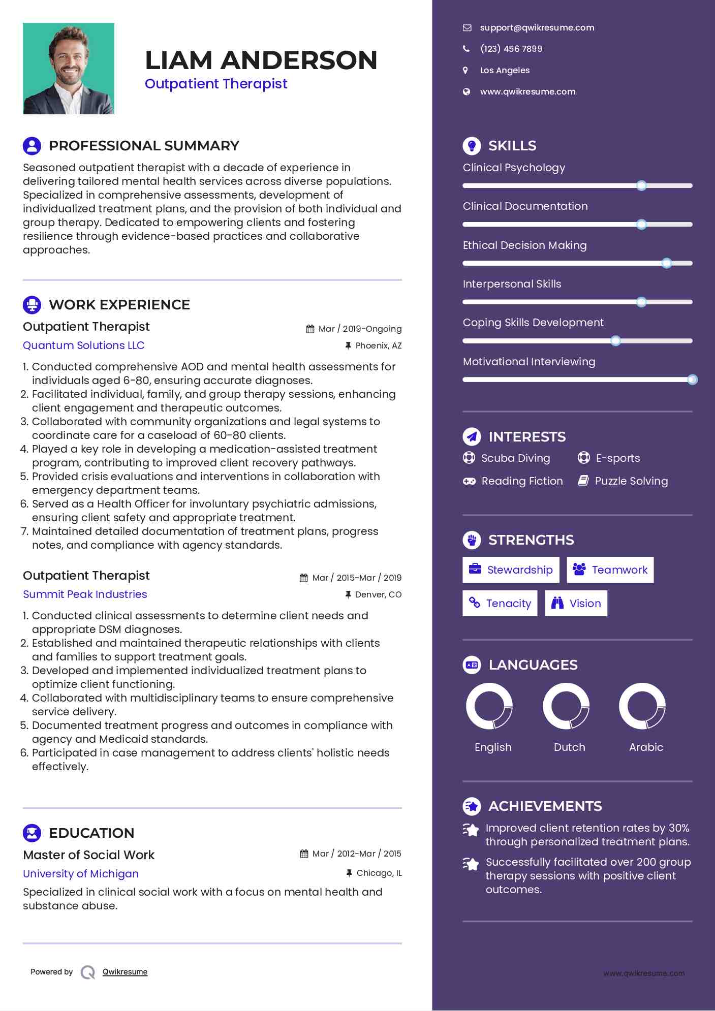 Outpatient Therapist Resume Model