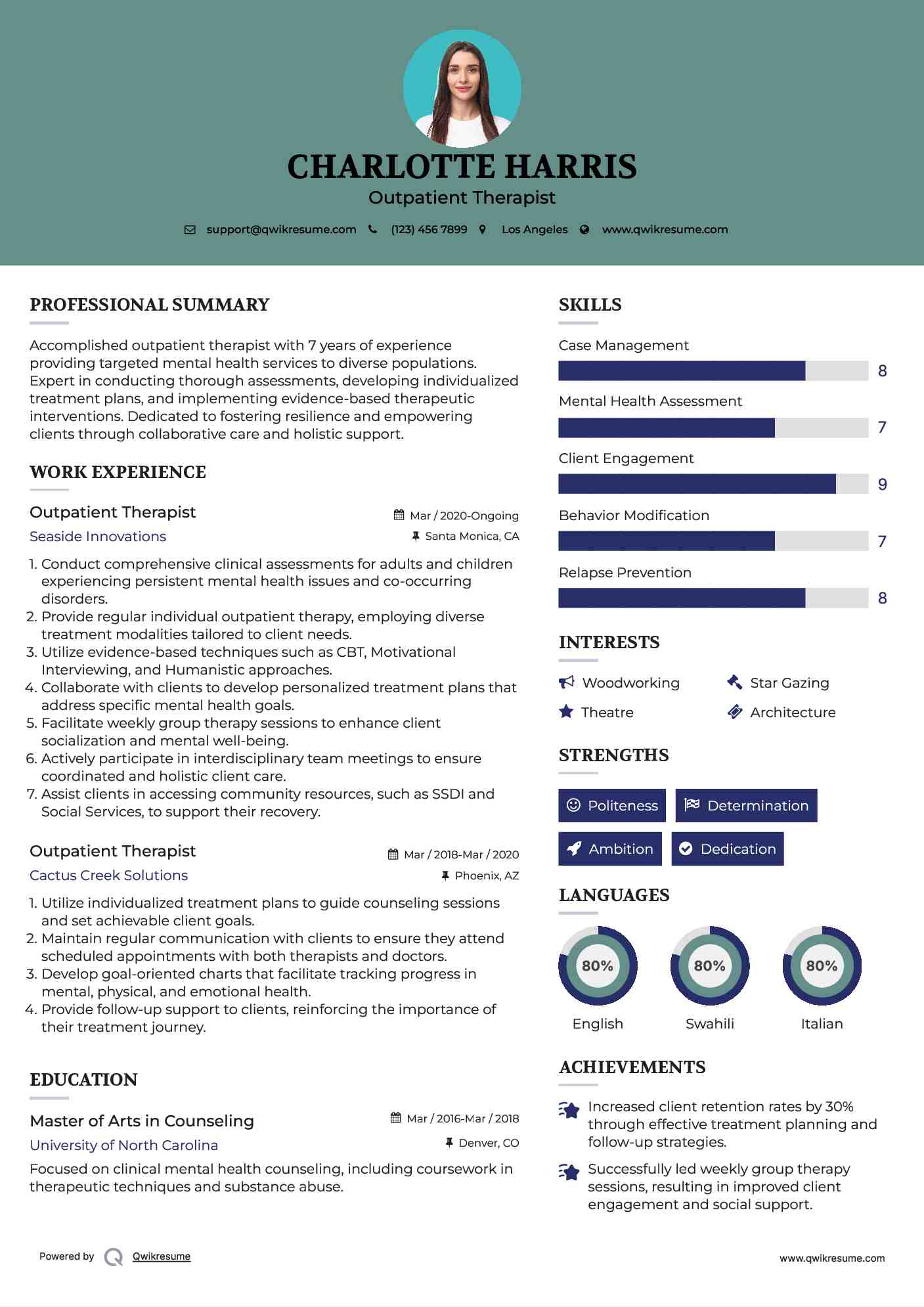 Outpatient Therapist Resume Example