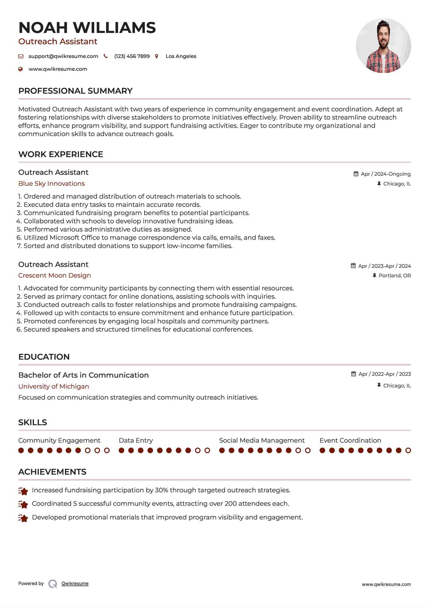 Outreach Assistant Resume Template