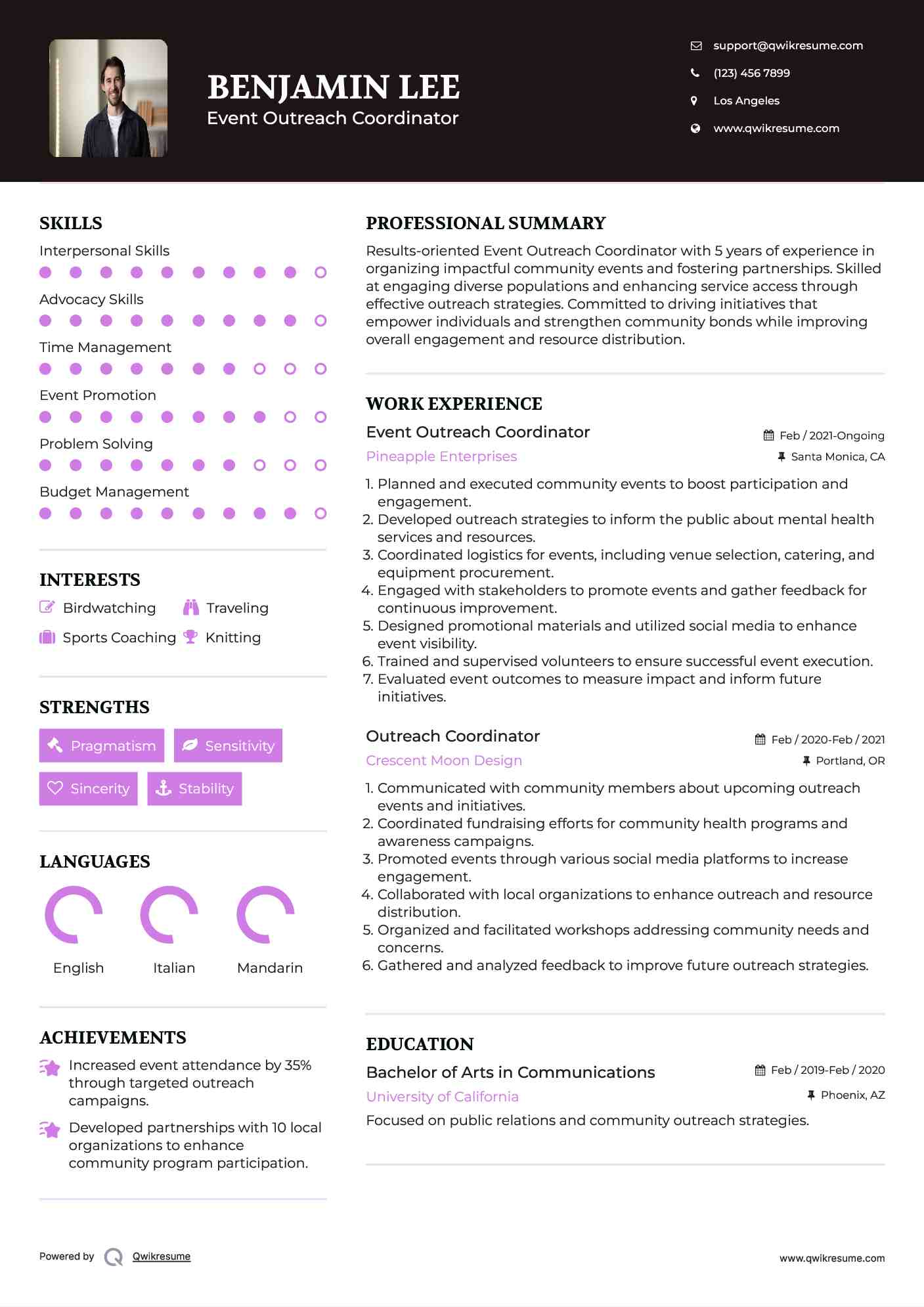 Event Outreach Coordinator Resume Sample