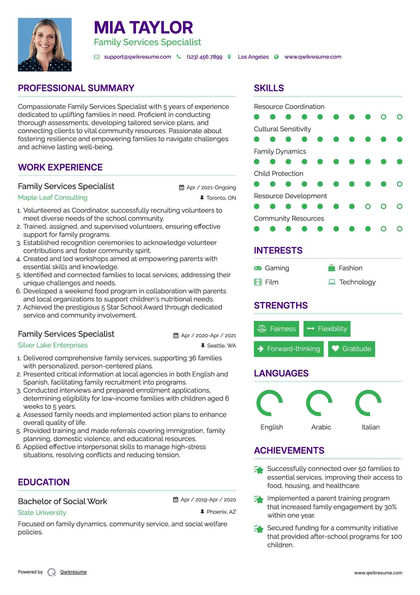 Family Services Specialist Resume Model