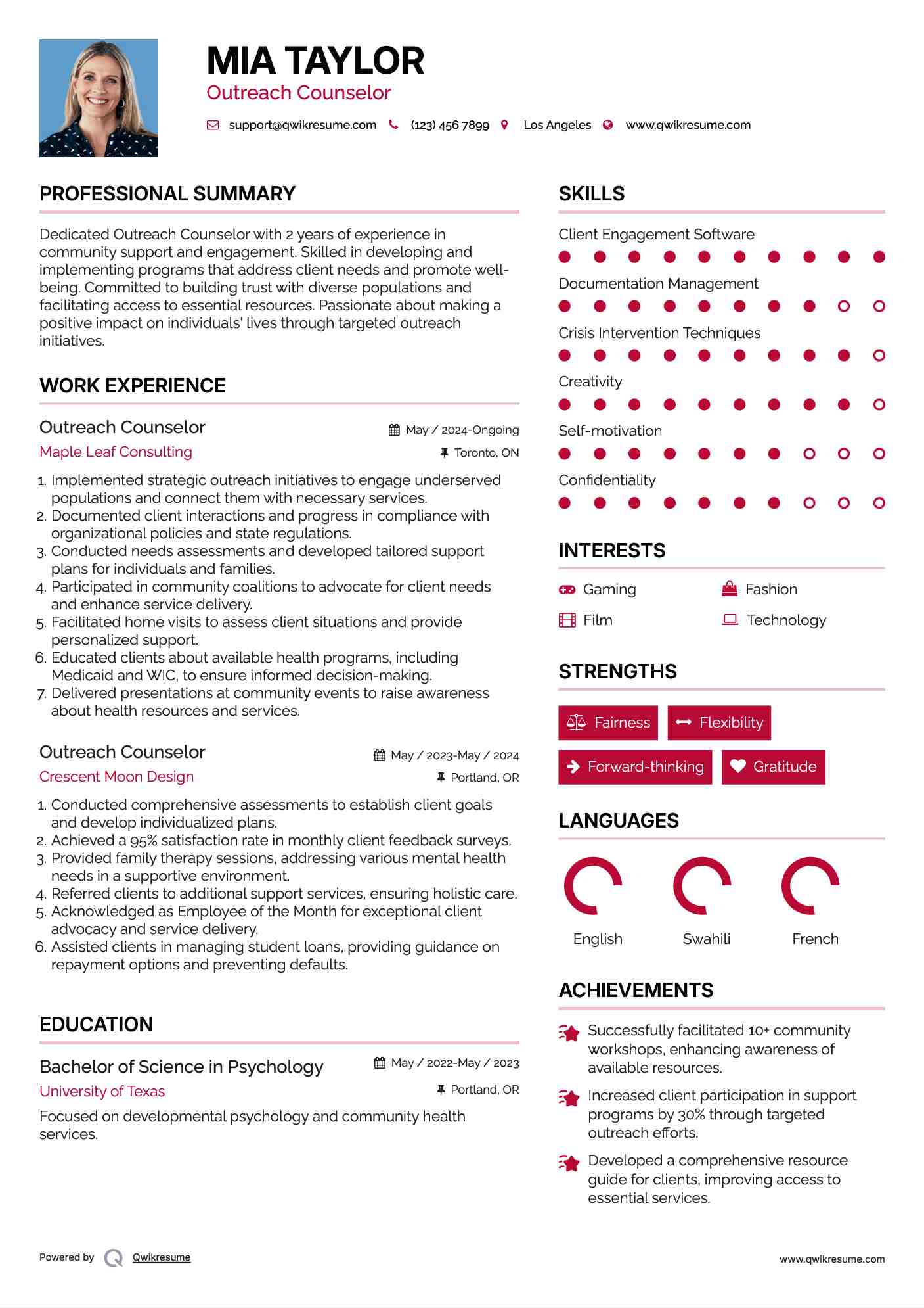 Outreach Counselor Resume Model