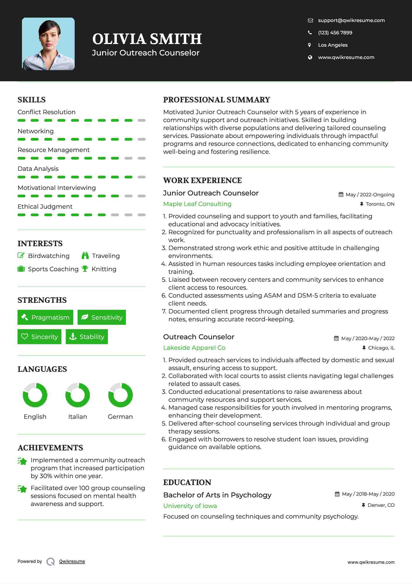 Junior Outreach Counselor Resume Example