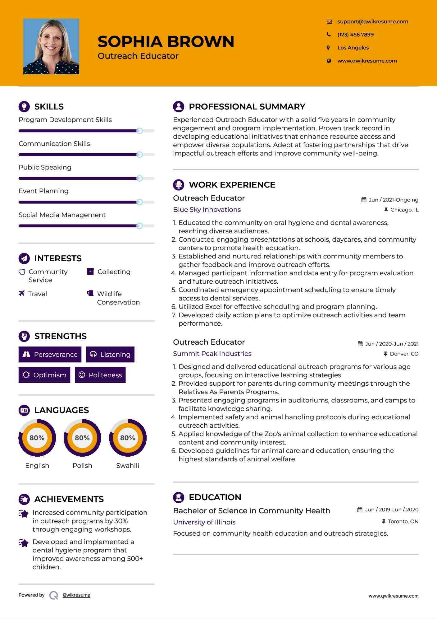 Outreach Educator Resume Example