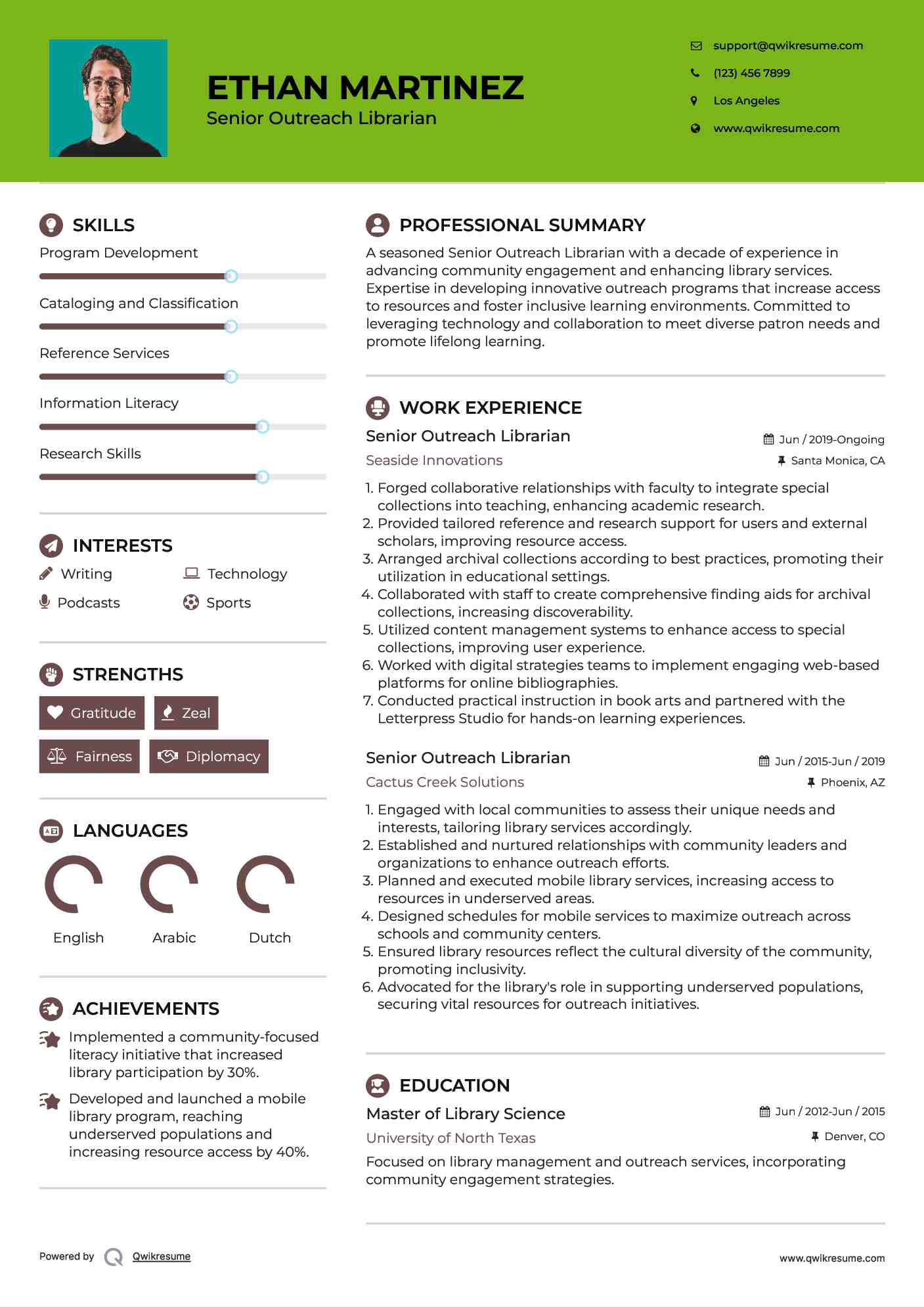 Senior Outreach Librarian Resume Example