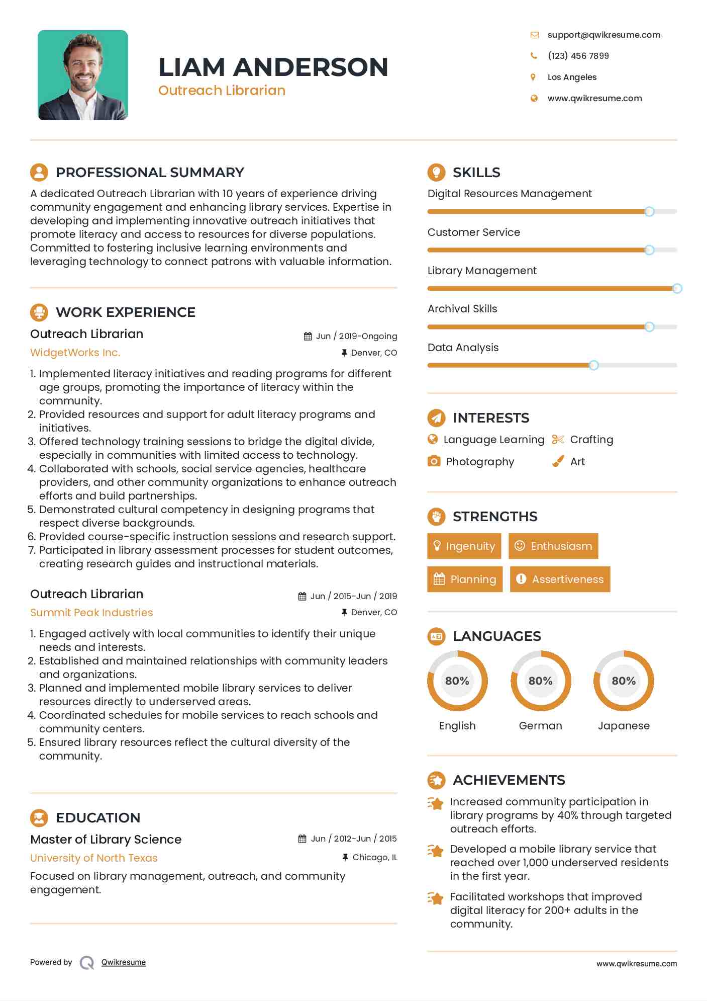 Outreach Librarian Resume Template