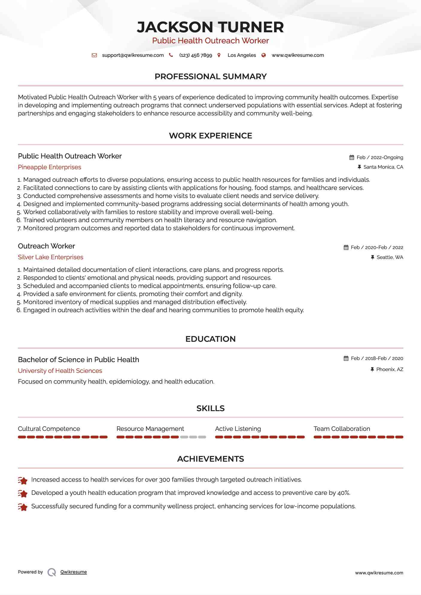 Public Health Outreach Worker Resume Template
