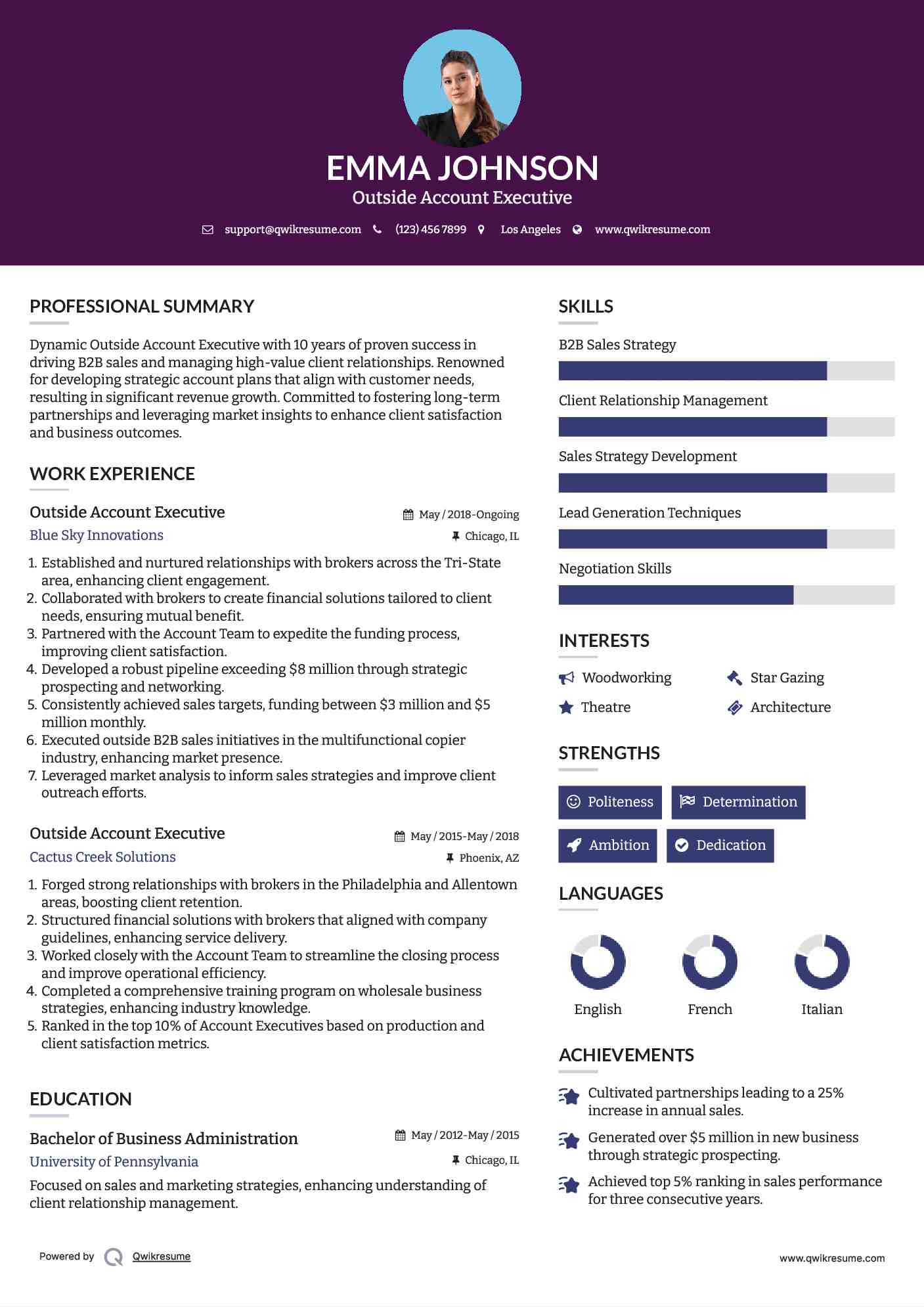 Outside Account Executive Resume Model
