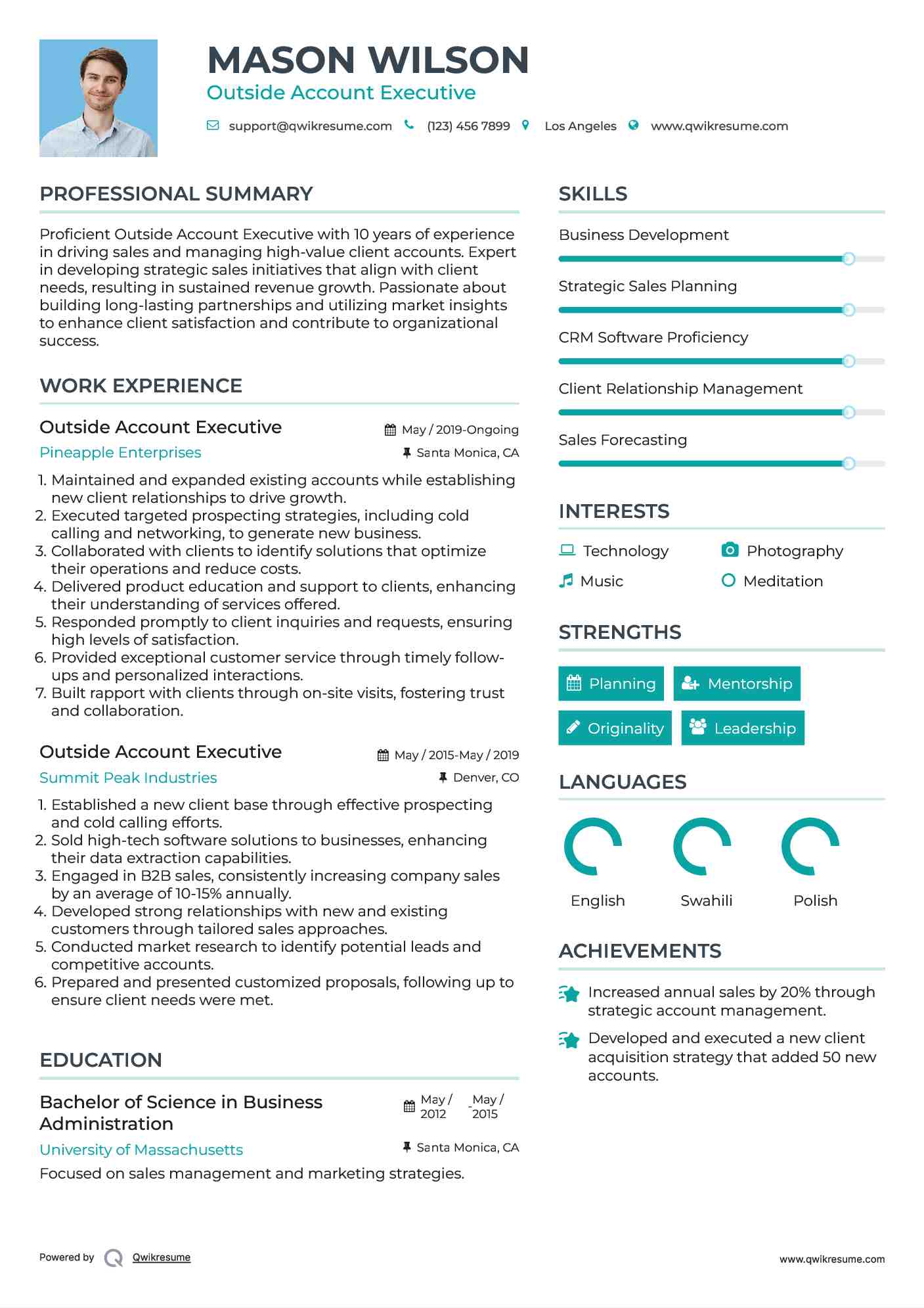 Outside Account Executive Resume Model