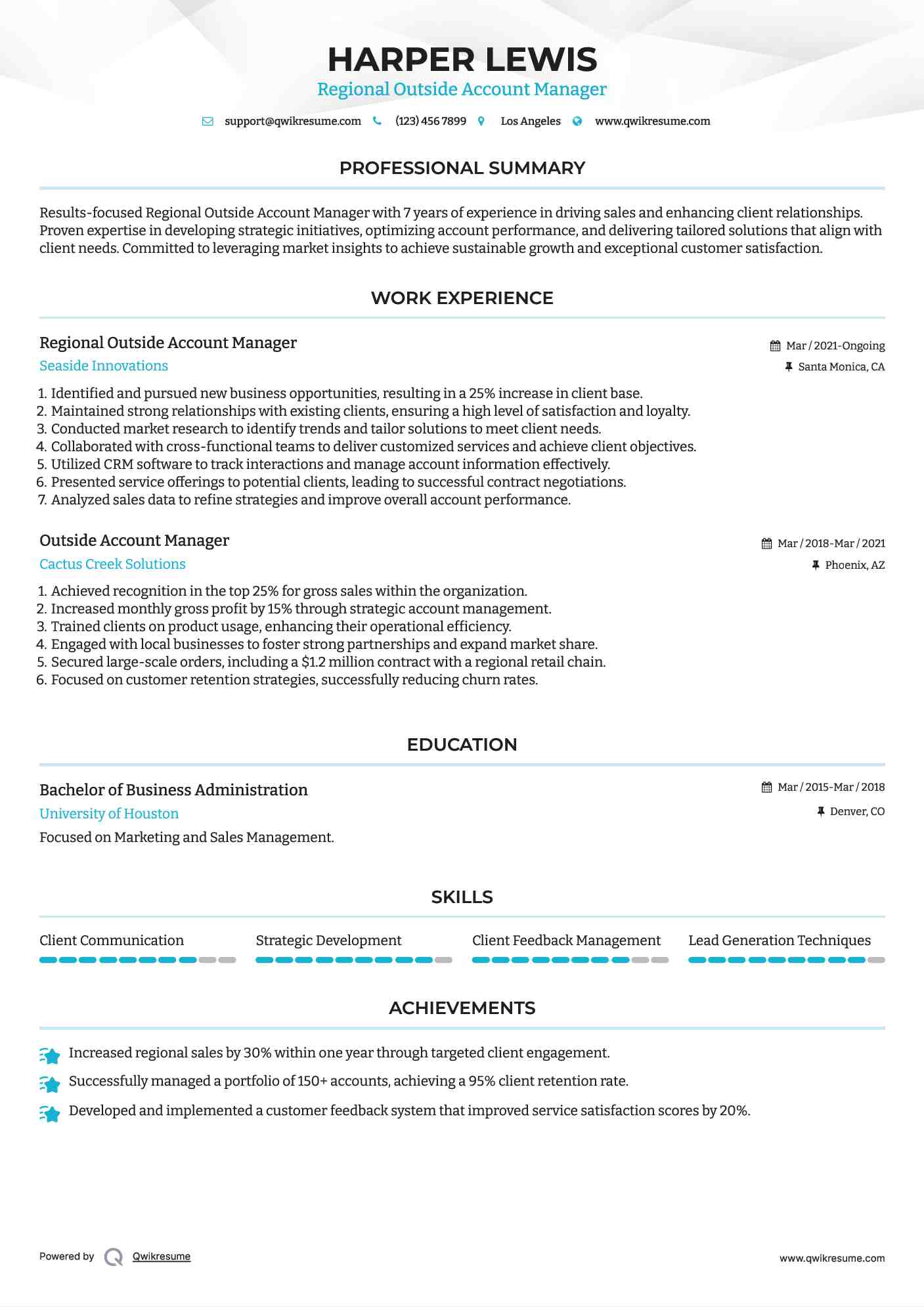 Regional Outside Account Manager Resume Sample