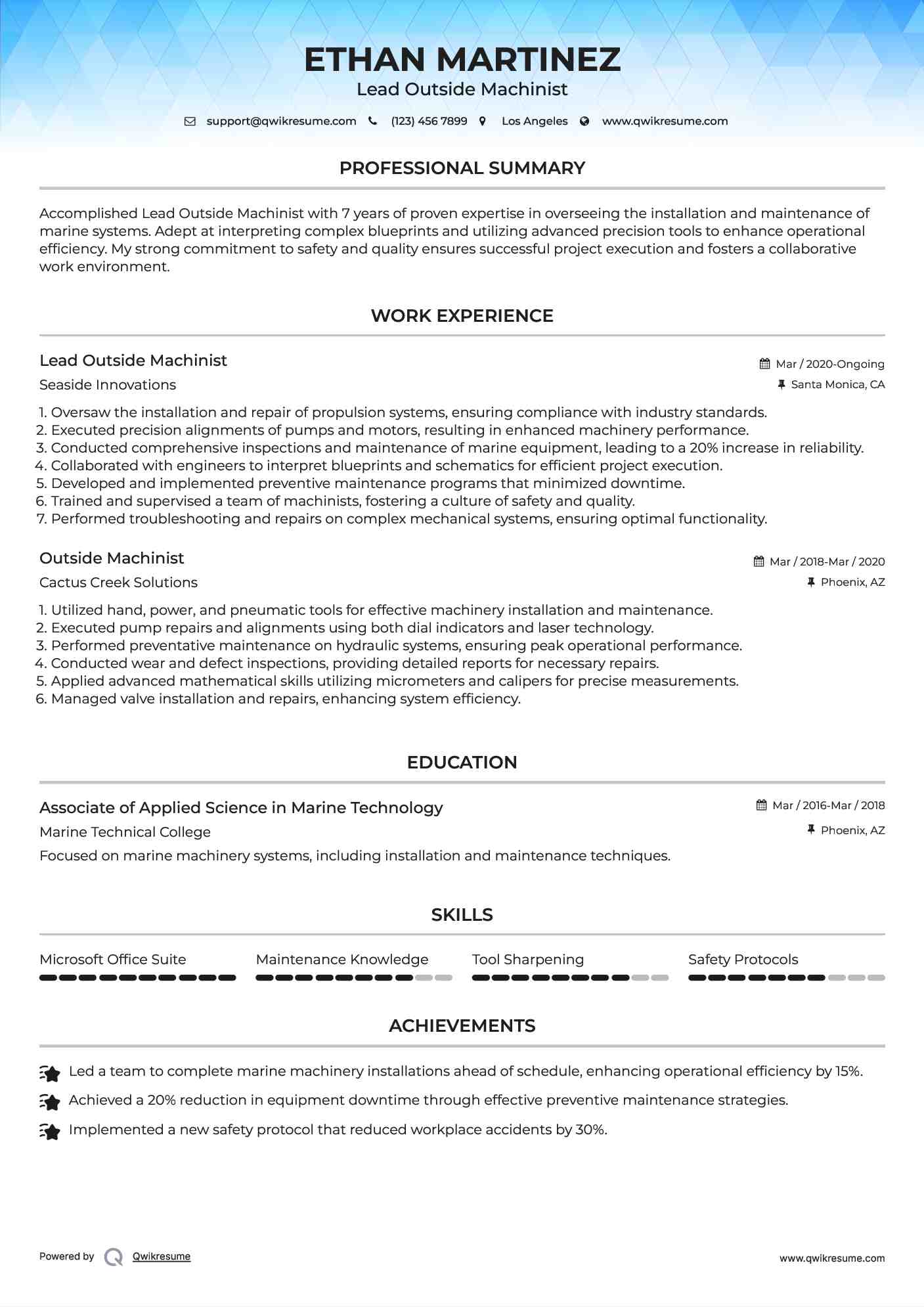 Lead Outside Machinist  Resume Format