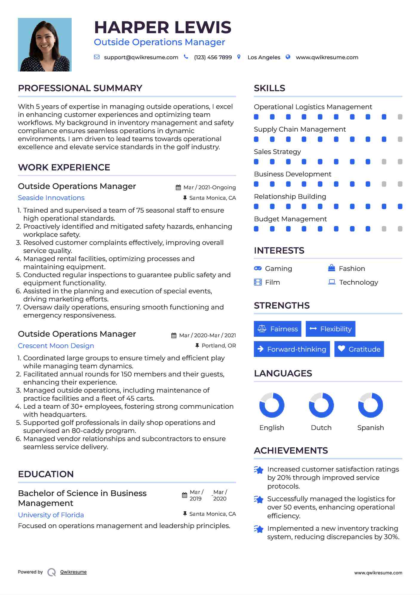Outside Operations Manager Resume Sample