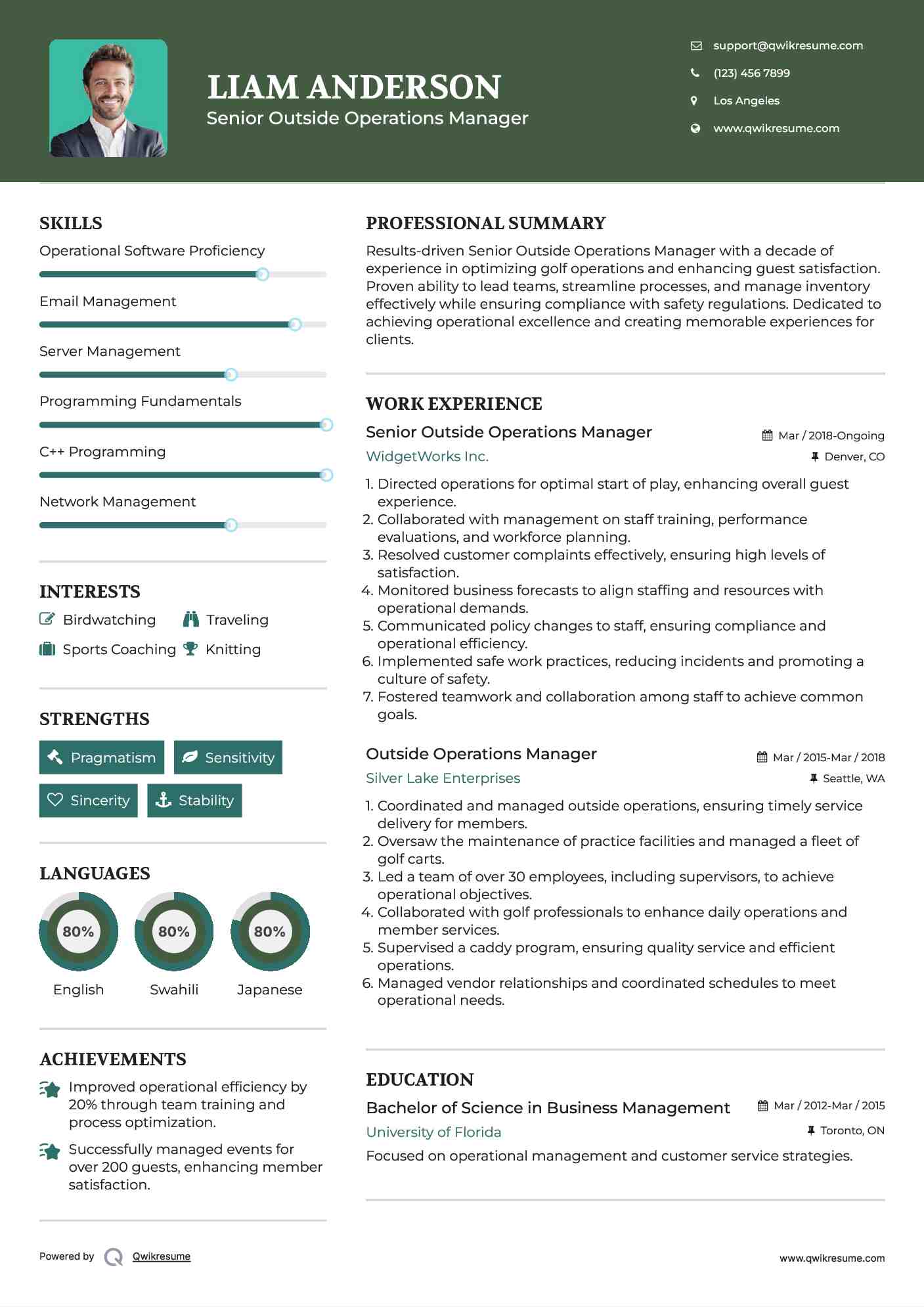 Senior Outside Operations Manager Resume Format