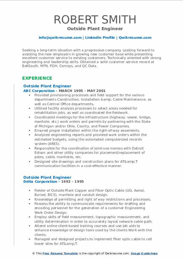 Outside Plant Engineer Resume Samples QwikResume