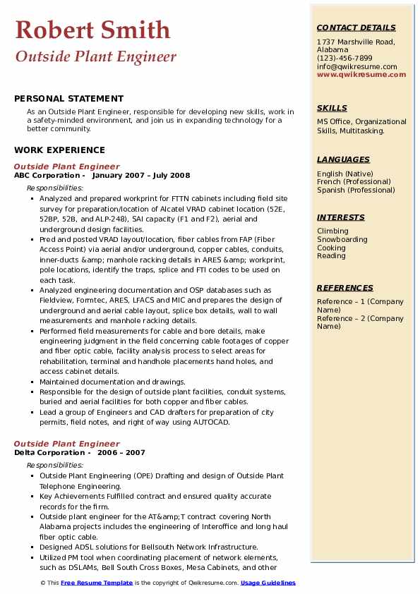 Outside Plant Engineer Resume Samples QwikResume