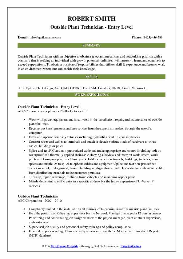 outside plant technician resume samples qwikresume resume objective for maintenance technician