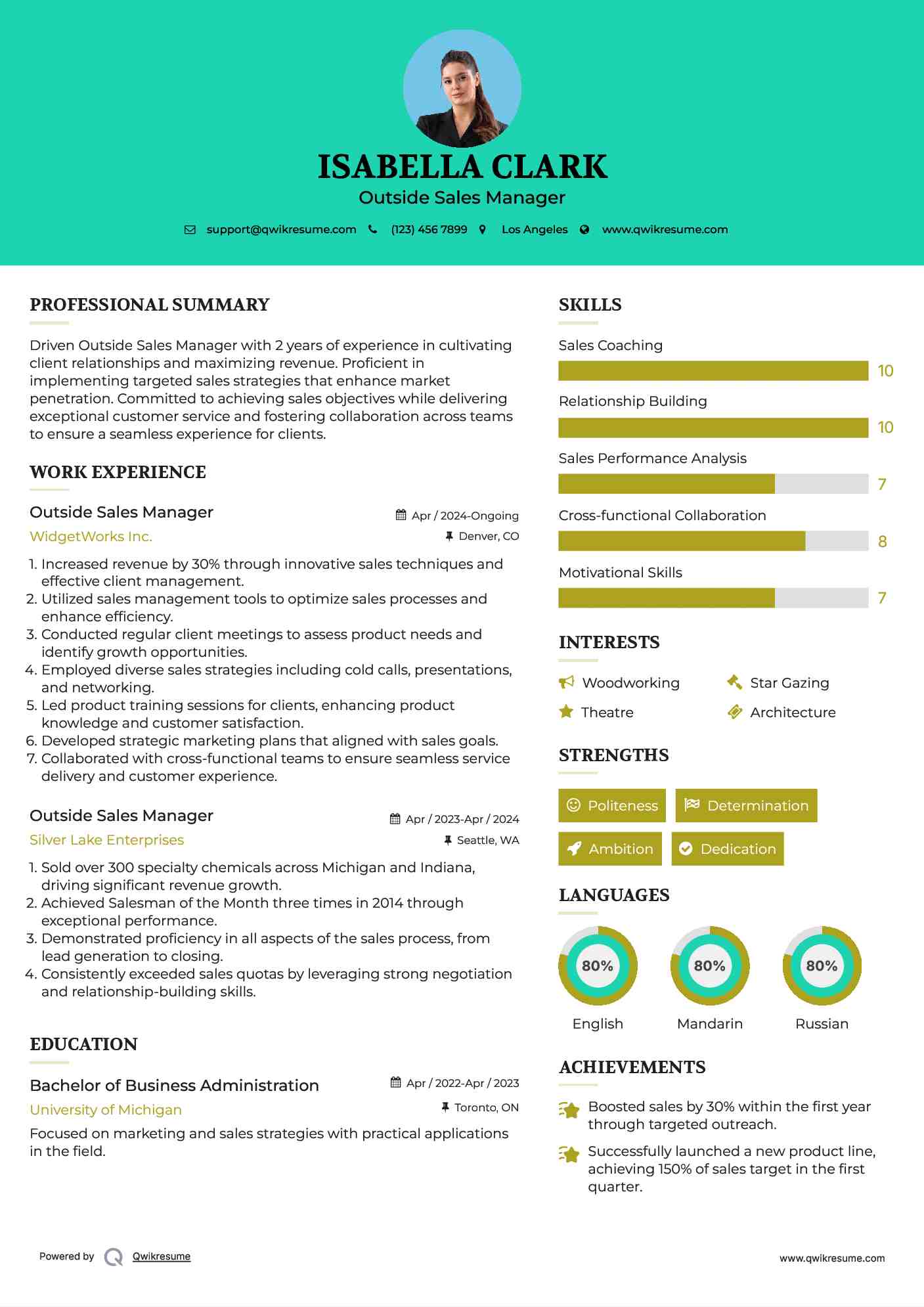 Outside Sales Manager Resume Model