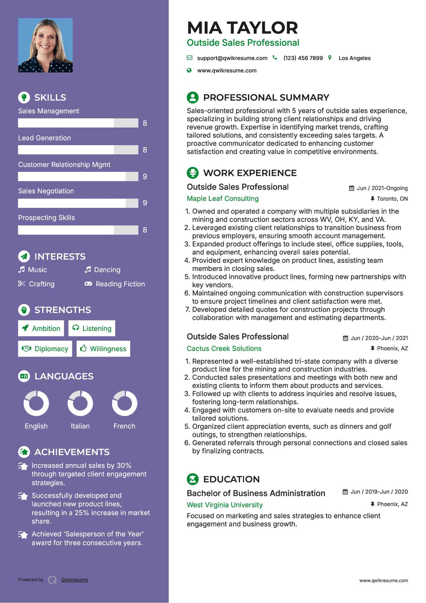 Outside Sales Professional Resume Model