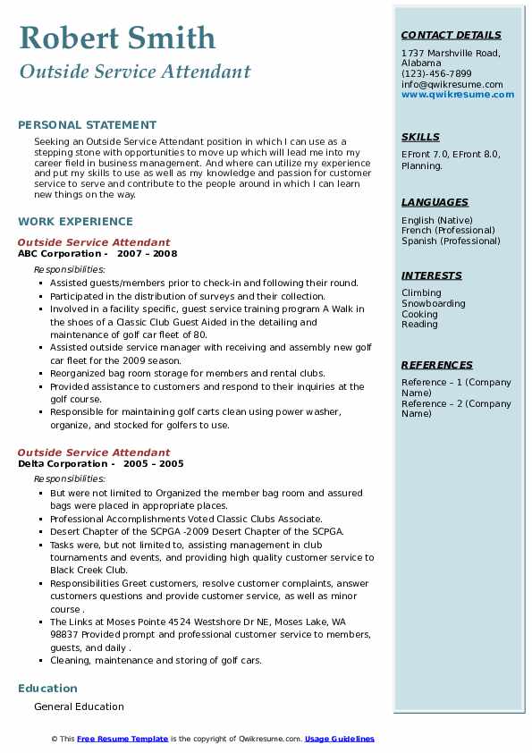 Outside Service Attendant Resume Samples | QwikResume