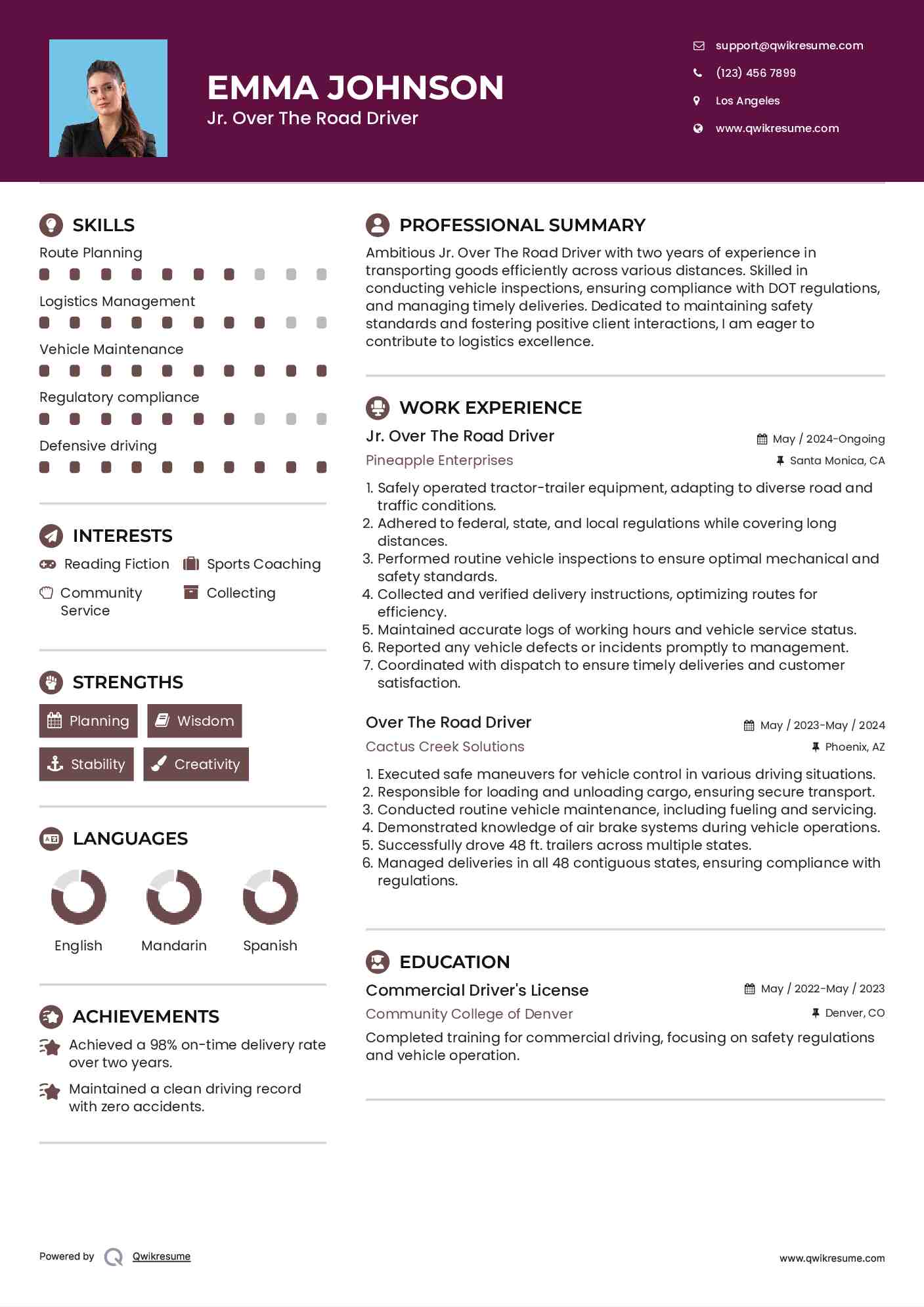 Jr. Over The Road Driver Resume Template