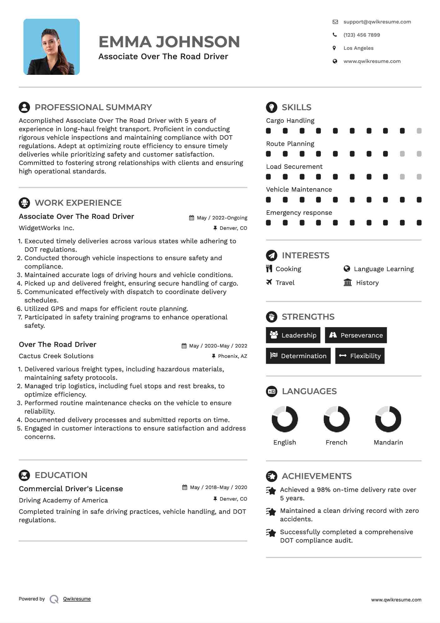 Associate Over The Road Driver Resume Sample