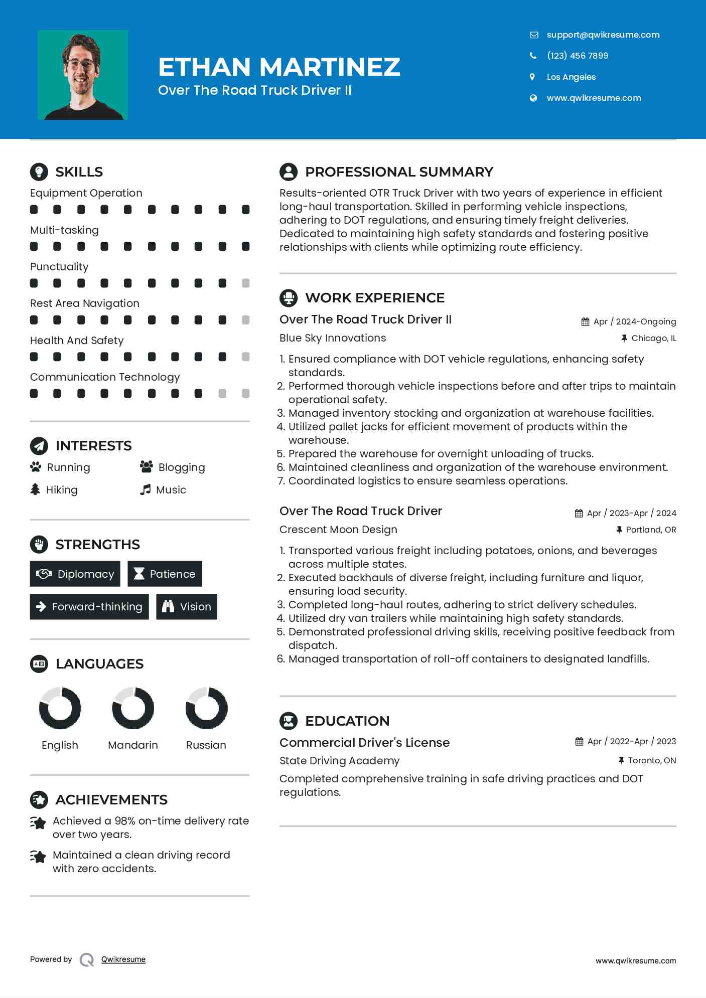 Over The Road Truck Driver II Resume Format