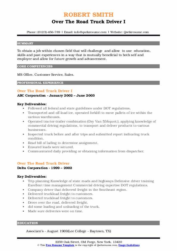 Over The Road Truck Driver Resume Samples QwikResume