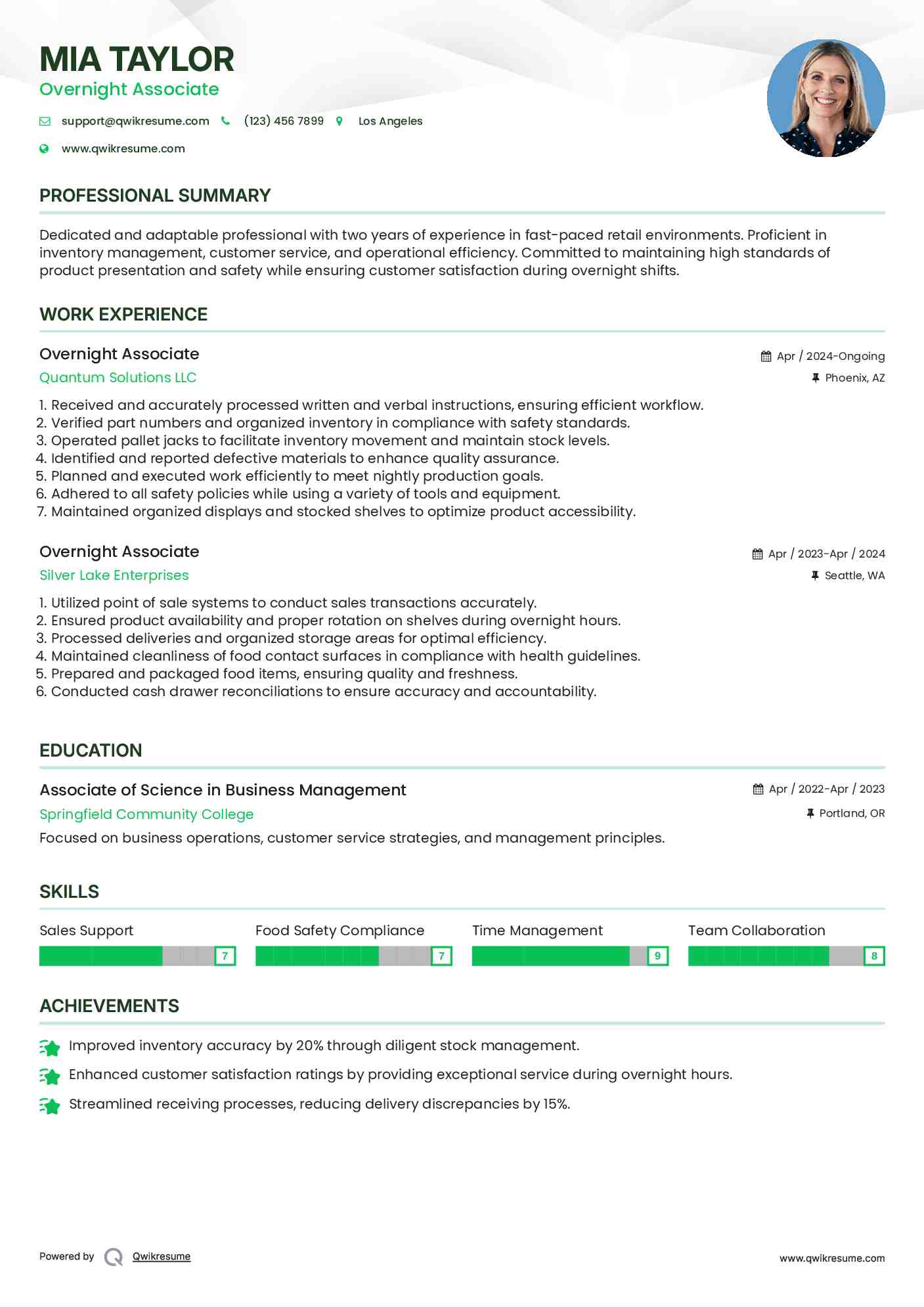 Overnight Associate Resume Example
