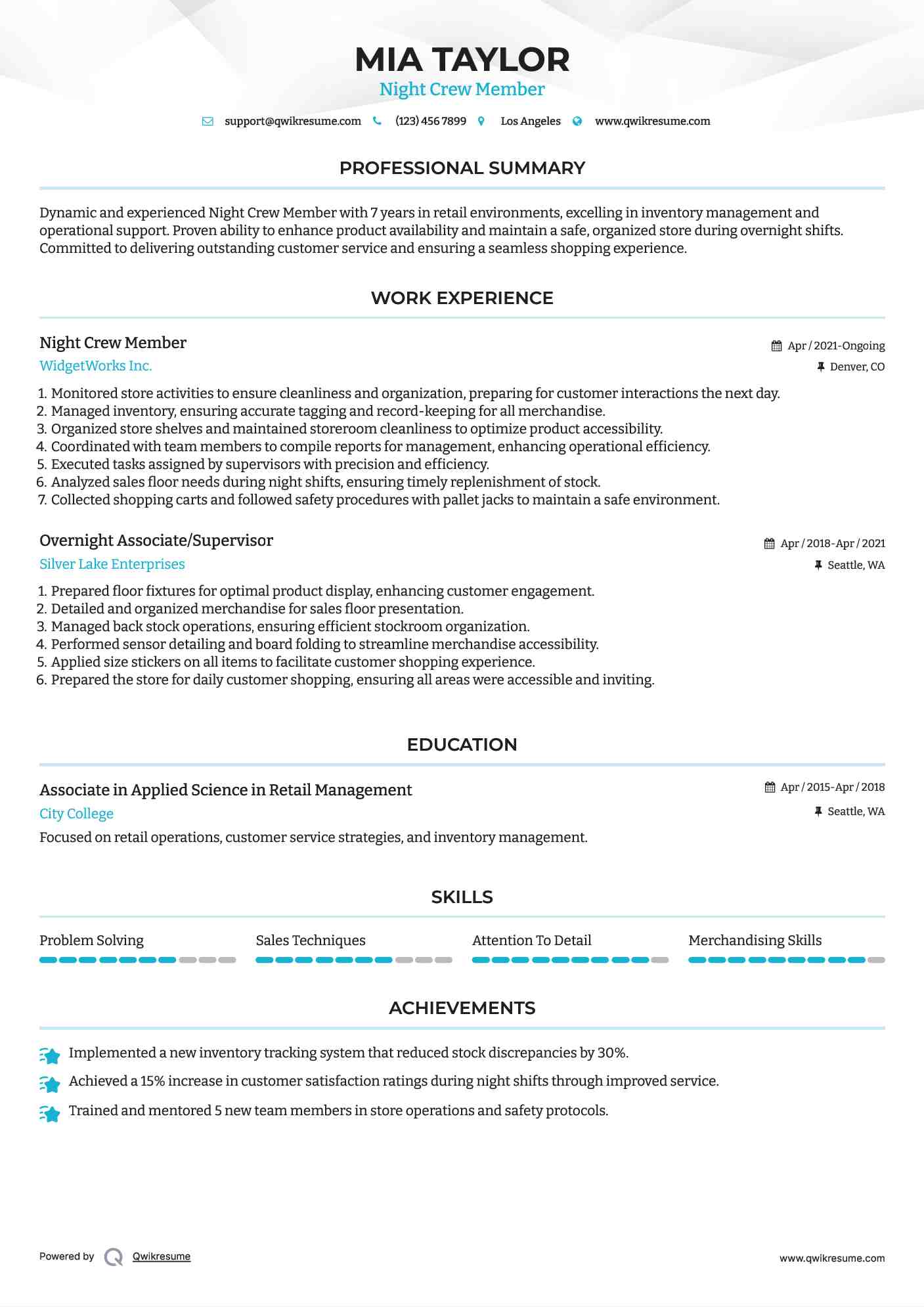 Night Crew Member Resume Example
