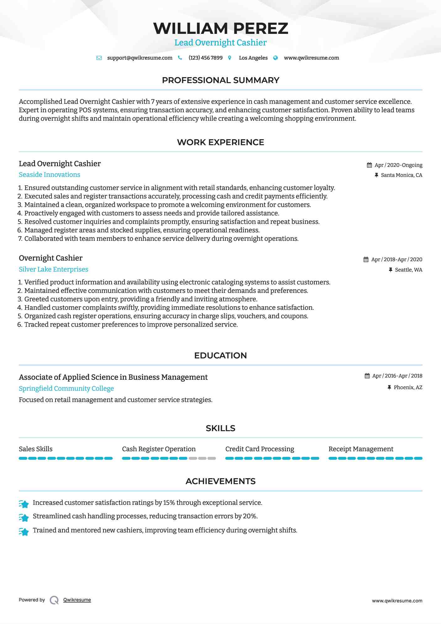 Lead Overnight Cashier Resume Model