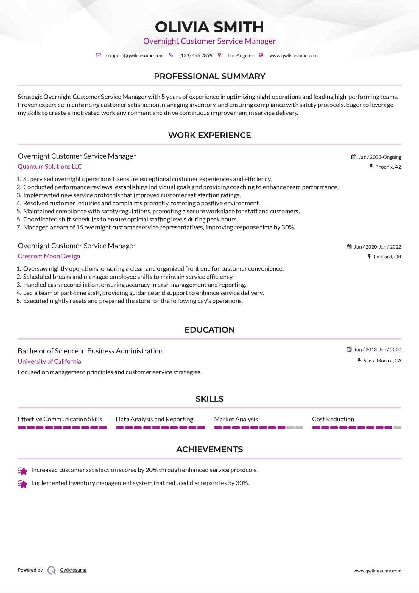 Overnight Customer Service Manager Resume Example