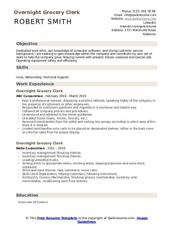 Overnight Grocery Clerk Resume Samples QwikResume