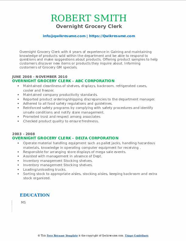 Overnight Grocery Clerk Resume Samples QwikResume