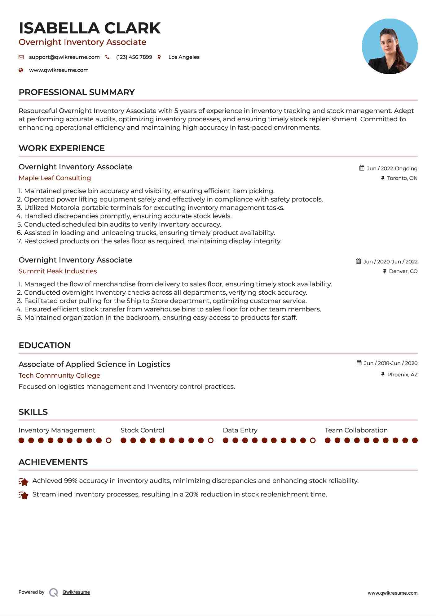 Overnight Inventory Associate Resume Format