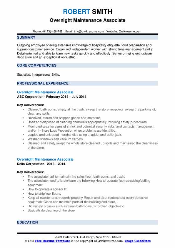 Overnight Maintenance Associate Resume Samples QwikResume
