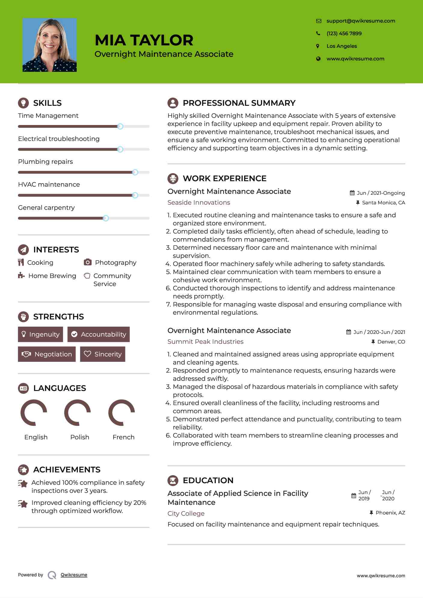 Overnight Maintenance Associate Resume Model
