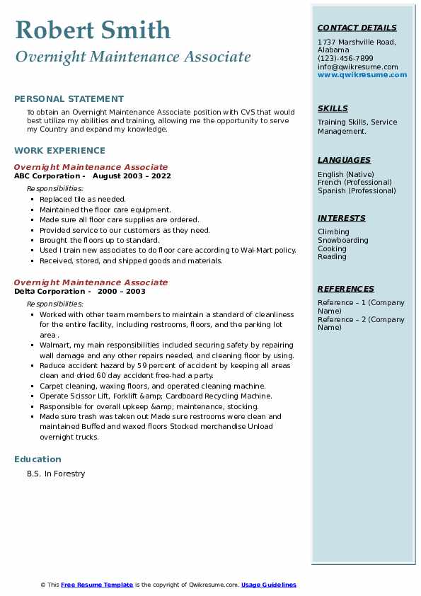 Overnight Maintenance Associate Resume Samples QwikResume