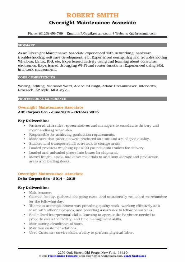 Overnight Maintenance Associate Resume Samples QwikResume