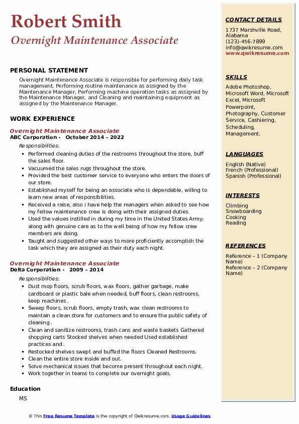Overnight Maintenance Associate Resume Samples QwikResume