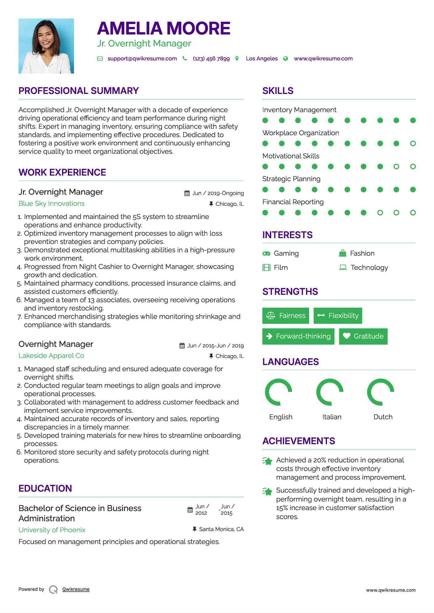 Jr. Overnight Manager Resume Template