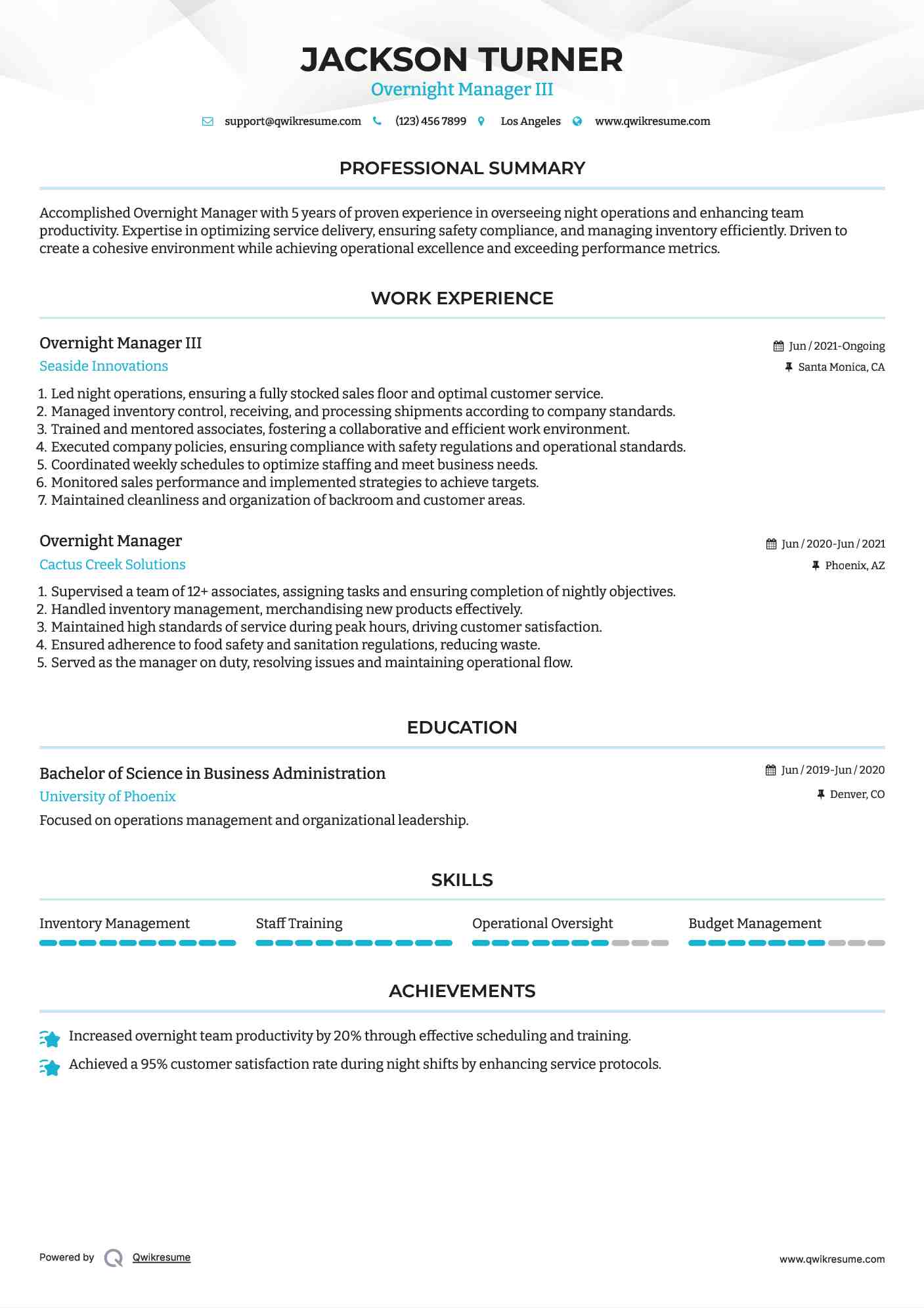 Overnight Manager III Resume Model