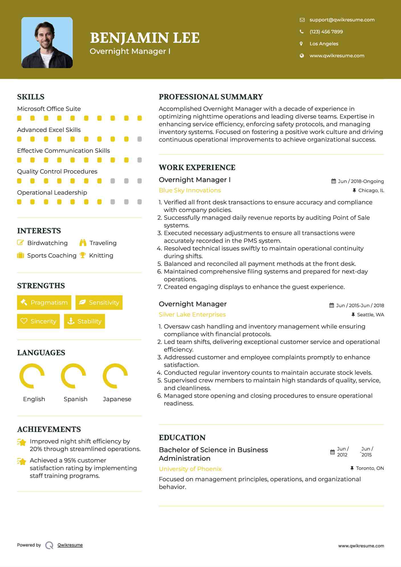 Overnight Manager I Resume Example
