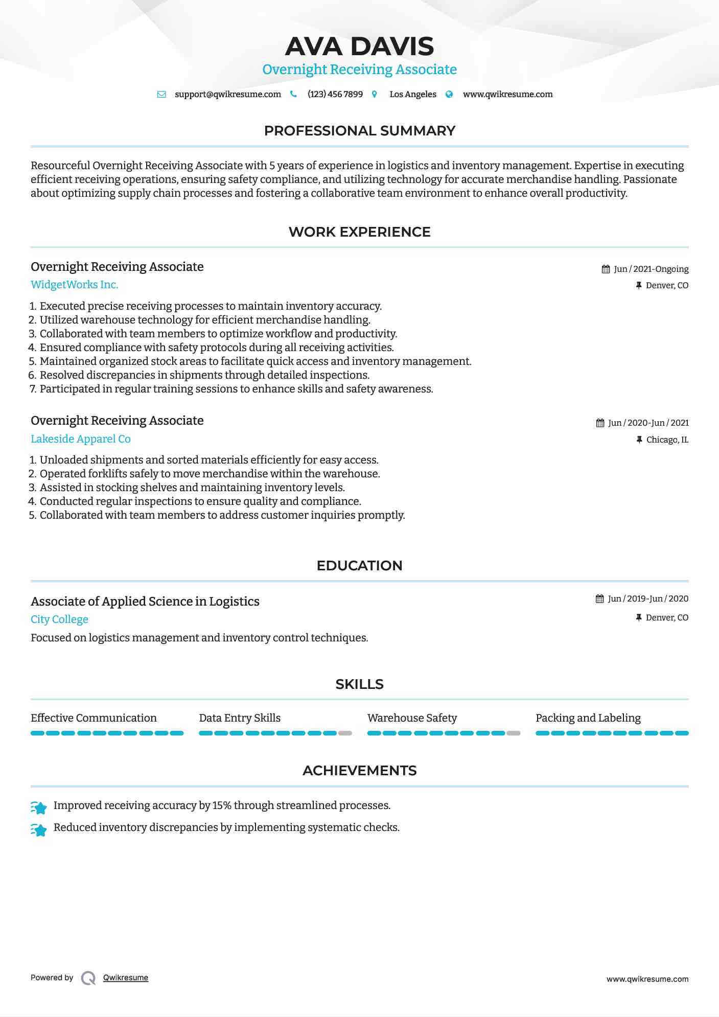 Overnight Receiving Associate Resume Format