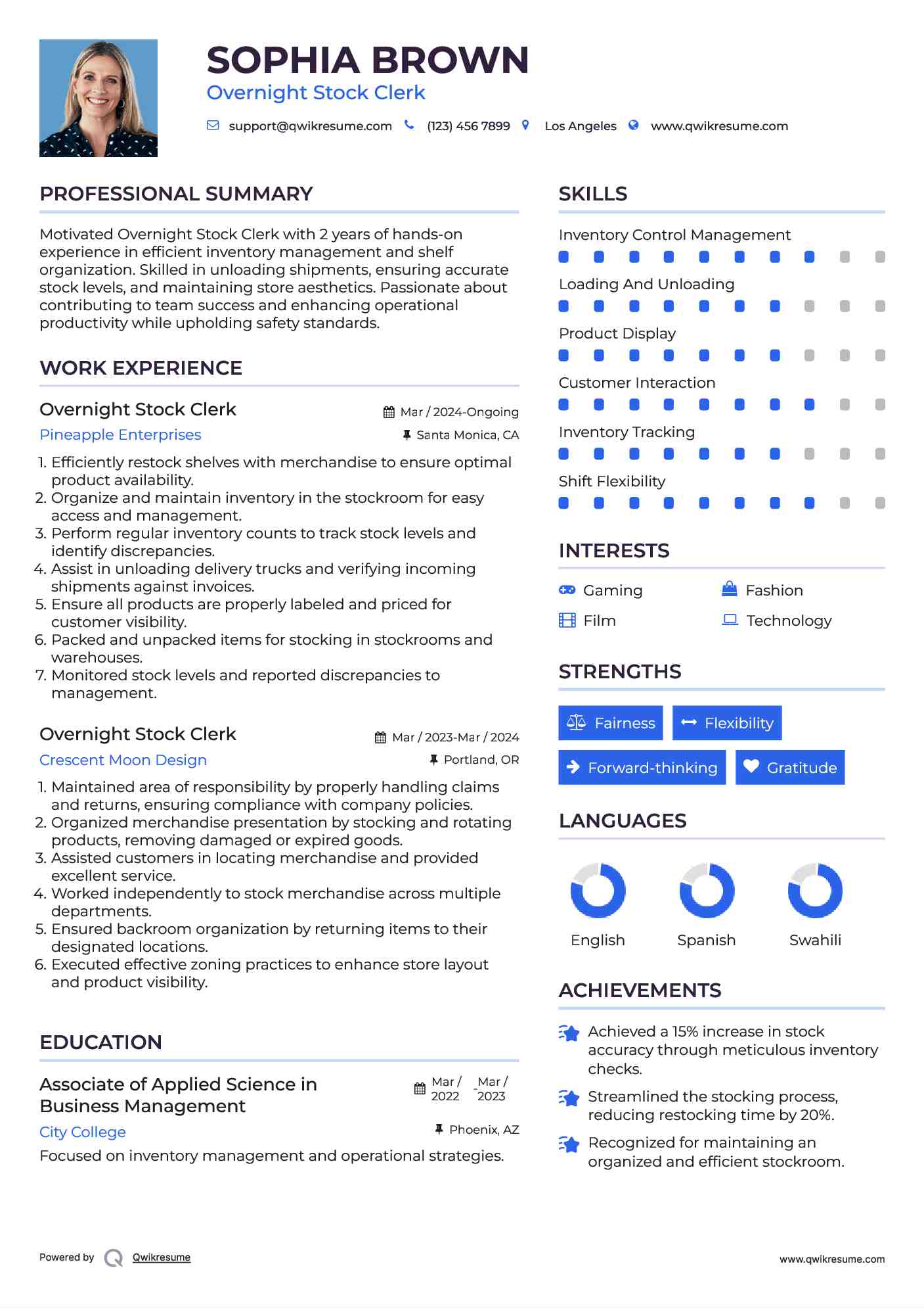 Overnight Stock Clerk Resume Example