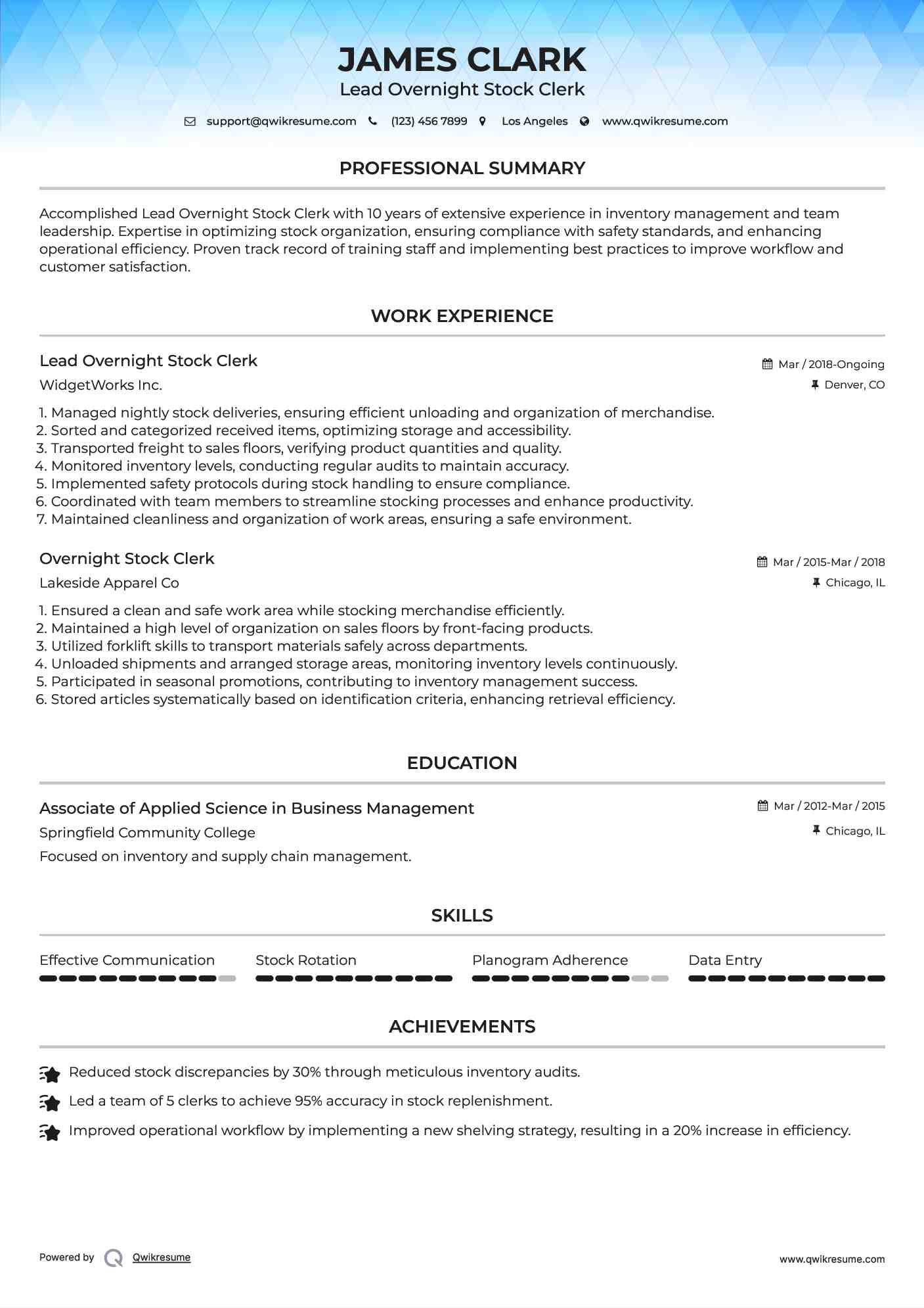 Lead Overnight Stock Clerk  Resume Template